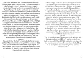 A book page with two columns of text, German on the left and English on the right, both describing an art exhibition by Sheila Hicks titled a little bit of a lot of things. The text details her first institutional solo show in Switzerland and her work with textile materials. The page numbers 168 and 169 are visible at the bottom.