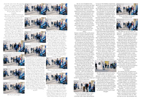 A two-page magazine spread with columns of English text on the left page and German on the right. Both pages are interspersed with small photos of a group of people in a gallery looking at a large, abstract blue and white sculpture.