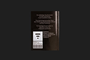 A close-up of the back cover of a book with a dark, textured finish, set against a black background. White text in English, German, and Italian describes the book as an anthology of critical texts on hope and futures in post-pandemic times. Below, the logo and publisher information for MUSEION Museum of Modern and Contemporary Art are visible, along with a barcode.