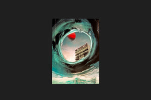 A surrealist digital collage of a massive, swirling wave of teal and black paint forming a circular window. Through this window, a multi-story apartment building is seen against a pale sky with a large red planet. The scene hovers over a turbulent body of water.
