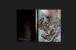 A photograph of an open book. The left page is black with the text Abuqadim Haqq, Orbital Satellite Workers, 2023. The right page features a detailed, comic-style illustration of four astronauts in spacesuits working on a complex platform attached to a large, spherical satellite in orbit against a starry sky.