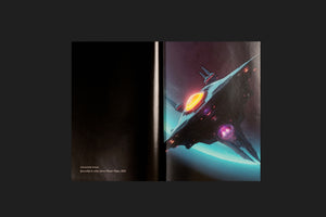 A photograph of an open book displaying a science fiction illustration. On the right page, a dark, angular spaceship with glowing orange and purple lights flies in orbit above the bright turquoise curve of a planet. The left page is black with text crediting the artist, Abuqadim Haqq, and the title, Spaceship in orbit above Planet Hope, 2023.