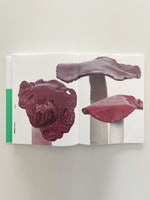 An open book on a light surface displays a photograph of three large, sculptural mushrooms across two pages. The mushrooms have glossy, deep red caps and thick, pale stems, all set against a stark white background. A sliver of a green cover is visible on the left.