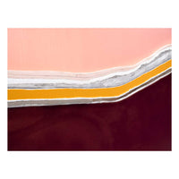 An abstract aerial photograph of a salt lake with distinct, wavy layers of color. From the top, there is a large section of pastel pink, followed by thin bands of white and gray salt, a vibrant stripe of golden yellow, and a deep, dark burgundy at the bottom.