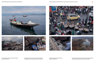 A photo collage showing six scenes of daily life in the Democratic Republic of Congo. The images depict fishermen in a canoe on a lake, a bustling street market, boats on a waste-filled shore, a man mending nets with his children, another fisherman sleeping, and an aerial view of the Ruzizi Dam.
