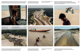 A photo collage with six images in two rows documenting the effects of a severe drought in the Amazon. The pictures show aerial views of vast, dried-up riverbeds, floating homes stranded on land, and local people, including children, struggling to navigate the remaining shallow, muddy water.