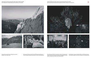 A two-page photo essay in black and white documenting the lives of Kurdish Kolbars in Iran. Six images show their dangerous work in the mountains, a widow's veil symbolizing loss, a son's farewell to his mother, a secret Kurdish language class, and falling snow, which offers them temporary safety from patrols.