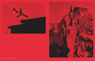 A diptych of two images in a stark red and black graphic style. On the left, the black silhouette of a passenger jet flies over a building against a red sky. On the right, a squadron of black fighter jets is set against a rugged, snow-covered mountain tinted red.