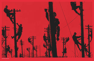 A stylized black-and-red photograph showing the silhouettes of numerous linemen wearing helmets as they climb and work on a dense field of utility poles.