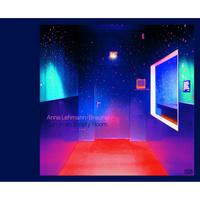 The cover of the book Sun in an Empty Room by Anna Lehmann-Brauns, featuring a photograph of a surreal, empty room bathed in neon colors. The dark blue walls and ceiling are dotted with glowing pink and blue spots, resembling a galaxy. A vibrant red carpet leads to a central door, while the space is lit in gradients of purple, magenta, and turquoise. To the right is a large, brightly lit window.