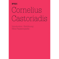 The cover of Nᵒ021, Cornelius Castoriadis, with an introduction by Nikos Papastergiadis, shown in black sans-serif text against a bright pink background.