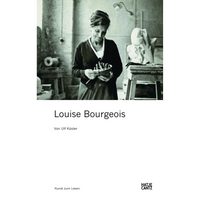 A black and white photograph of the artist Louise Bourgeois smiling in her studio as she holds a small sculpture, on the cover of a book titled Louise Bourgeois.