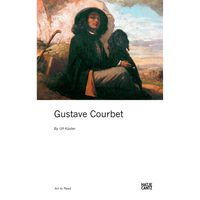 The cover of the book Gustave Courbet, featuring a self-portrait of the artist seated outdoors in a dark hat and cloak with his black dog.