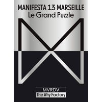 The cover for Manifesta 13 Marseille, Le Grand Puzzle, with a large, stylized M logo on a split silver and black background.