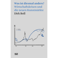 The cover of Was ist diesmal anders? by Dirk Boll, featuring a graph where the Art Index is drawn as a large blue wave with a surfer, cresting over the line for the NASDAQ index.