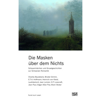 The cover of the book Die Masken über dem Nichts, featuring a Romantic painting of a procession of cloaked figures walking through a foggy landscape towards the ruins of a Gothic church.