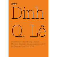 A book cover with the name Dinh Q. Lê in large, thin black letters against a bright orange background.