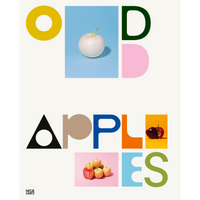 A graphic cover for a book titled Odd Apples, with the words spelled out in colorful, abstract letters and photographs of different kinds of apples.