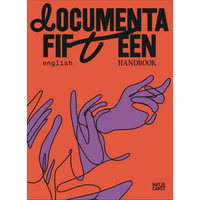 The cover of the Documenta Fifteen English Handbook, featuring an illustration of purple, stylized hands on a red-orange background.