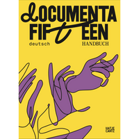 A yellow book cover for documenta fifteen Handbuch, featuring a continuous line drawing of several purple hands.