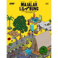 A pixel art illustration of a bustling community market with people sharing and distributing food from trucks on a bright yellow background.