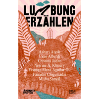 An illustrated book cover for Lumbung Erzählen, showing small figures of people working together on a large, reddish-brown hill that is framed by two giant leaves.