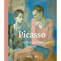 A book cover for Picasso: The Blue and Rose Periods, featuring his painting of two solemn figures, a boy in a harlequin costume and a man in a pink tunic.