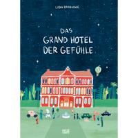 An illustration of a grand, red hotel under a starry night sky, with a variety of whimsical creatures and fantastical characters arriving on the front lawn.