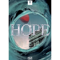 The word HOPE in a chrome font is centered over a scene with a building and a red planet, framed by a swirl of teal brushstrokes.