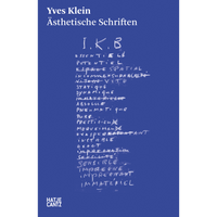 The cover of the book Yves Klein Ästhetische Schriften, featuring a list of handwritten words in white chalk on a solid deep blue background.