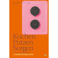 An orange book cover featuring a pink two-burner hot plate with the title Kochen Putzen Sorgen, which translates to Cooking Cleaning Caring.