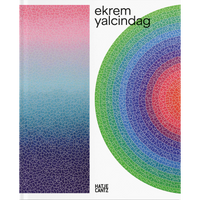 The Ekrem Yalçindag book cover features a rainbow-colored semi-circle next to a vertical rectangle with a pink-to-blue gradient, both overlaid with a fine white mosaic pattern.