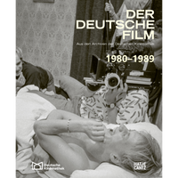 A black and white behind-the-scenes photograph on the cover of the book Der Deutsche Film 1980-1989, showing a camera crew filming an actor lying in a bed.