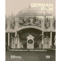 The sepia-toned cover of the book German Film 1895-1909, featuring an archival photo of a man and child standing before an ornate traveling cinema facade.