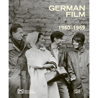 The cover of the book German Film 1960-1969, featuring a black and white photograph of four people in coats from the era, smiling and interacting in front of a brick wall.