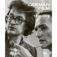 A grainy, black and white photograph on the cover of the book German Film 1970-1979 shows a close-up of two men; one man in profile holds a string taut in his mouth.