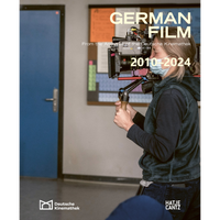 The book cover for German Film 2010-2024, which features a photo of a camera operator in a face mask holding a large film camera.