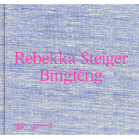 The book cover of Rebekka Steiger Bingfeng, featuring bright pink serif text on a blue and white woven fabric background.