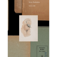 A collage of sketchbook covers features a central watercolor drawing of a female nude, with a black-and-white photographic hand holding a drawing tool to the figure's breast.