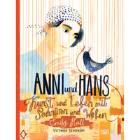 An illustrated cover of the book Anni und Hans, featuring a woman in a spotted bandana looking down at a small blue bird holding a red thread.