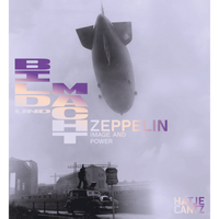 The book cover for Zeppelin: Image and Power, featuring a large zeppelin in a purple sky over a historical black-and-white photograph of an airfield.