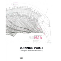 The book cover for Jorinde Voigt, Ludwig van Beethoven Sonatas 1–32, featuring a complex abstract line drawing with handwritten annotations on a white background.