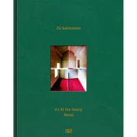 A dark green book cover for It's All One History, Almost by Ola Kolehmainen, featuring a central four-quadrant photograph of a concrete interior with a bright red floor.