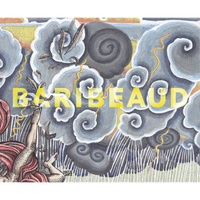 A detailed illustration of a figure falling from a stormy sky filled with swirling clouds and feathers, with the word Barbeaud in yellow text across the image.