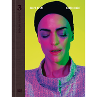 A person with eyes closed is lit by pink and green light against a yellow-green background on the cover of Naked Jungle by Ralph Mecke.