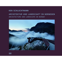 The cover of the book Architecture and Landscape in Norway by Ken Schluchtmann, showing a modern viewing platform on a mountainside overlooking a valley filled with clouds at dawn.