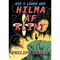A comic book cover for Die 5 Leben der Hilma af Klint shows a woman on a cliff gazing at a vibrant, cosmic night sky.