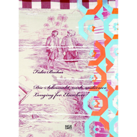 The book cover for Longing for Elsewhere by Fides Becker, featuring a collage of a pink toile de Jouy fabric print overlaid with a bright geometric pattern in orange and turquoise.