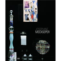 A book cover for Josephine Meckseper showing a modern art installation of several sculptures, including a glass totem, a toilet paper roll, and a wire sphere, against a black background.