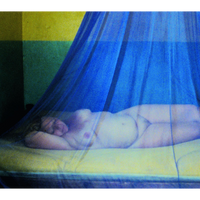 A grainy photo of a person lying on their side in a bed, seen through a sheer blue mosquito net against a yellow and green wall.